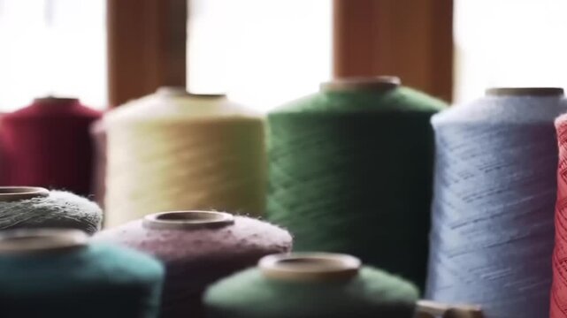 Colorful yarn spools close up