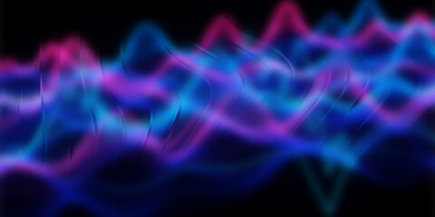 Naklejka premium Abstract dark background with blurred wavy lines in blue and pink colors creating a dynamic and energetic visual effect