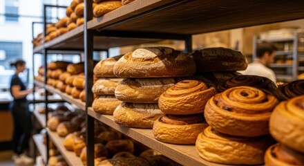 Freshly baked artisanal bread loaves and cinnamon rolls stacked on rustic wooden shelves in a bakery