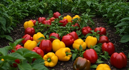 Vibrant ripe bell peppers in field overhead shot copy space