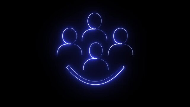 Neon pink abstract representation of a diverse group of people in a community or team, with a subtle smile in the background, set against a dark black backdrop, symbolizing connection and unity.	