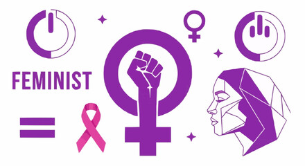 Empowering feminist symbols convey strength, equality, and modern female identity with vibrant purple accents