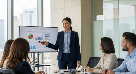 Confident businesswoman presents dynamic financial data in a bright modern meeting room, inspiring team collaboration and strategic growth