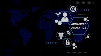Fototapeta premium Advanced Analytics Concept with World Map and Hexagonal Network of Business Icons image photo