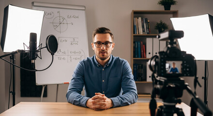 Professional teacher recording educational content with studio lighting and microphone, explaining complex formulas on whiteboard for online course