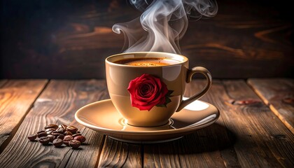 A steaming beverage in a floral decorated mug sits on a saucer with scattered beans, wood backdrop