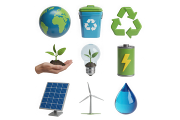 Set of environmental icons 3D rendering concept for ecology and sustainability