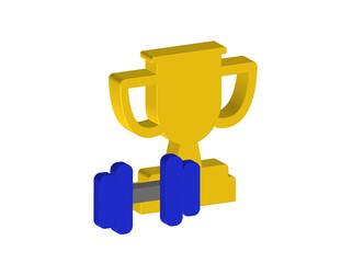 Simple 3D illustration of a trophy icon with a gym dumbbell. Transparent background in PNG format.