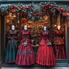 Obraz premium Christmas shop window display featuring festive decorations and twinkling lights.