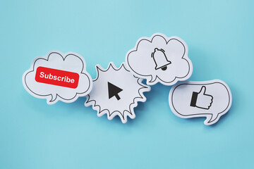 Subscribe Concept – Clouds with Subscription, Cursor, Bell and Like Icons