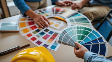 customer care builders  concept. Collaborative color selection meeting with paint samples on the table.