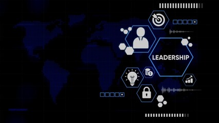 Digital concept of leadership with icons and world map on dark background management business