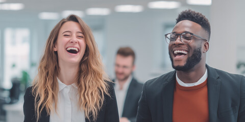 Young diverse professionals laughing together in modern office space  