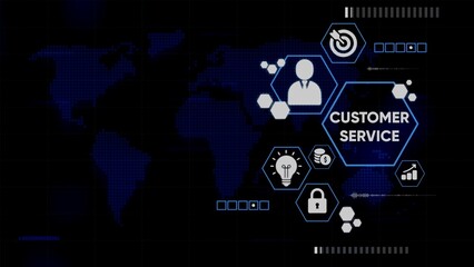 Digital Customer Service Concept with Global Map and Icons on Dark Background support help