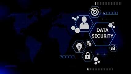 Digital Data Security Concept with World Map and Icons on Dark Blue Background technology protection