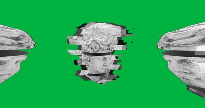 Animation of three head sculptures moving on black background