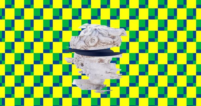 Animation of head sculpture moving on yellow square patterned background