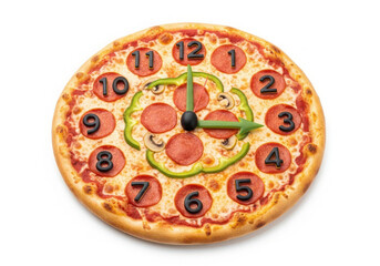 Pepperoni pizza shaped like a clock showing time to eat