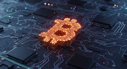 Bitcoin symbol illuminated on circuit board cryptocurrency technology concept