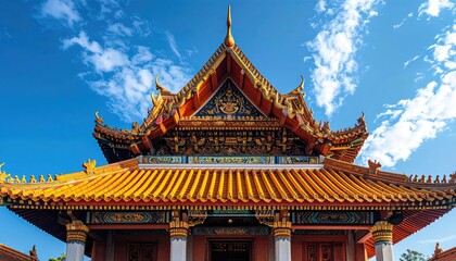 Obraz premium Ornate Temple Facade Under Bright Blue Sky With Intricate Golden Roof And Detailed Architectural Design in Southeast Asia During Daytime