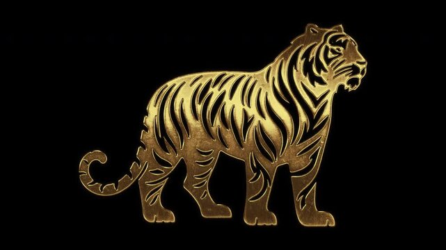 Tiger with slightly reflected outlines on a gold foil-like surface, loop, alpha channel

