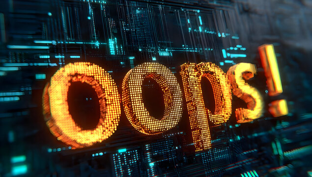 A vibrant representation of digital error with glowing 'Oops!' in futuristic style.