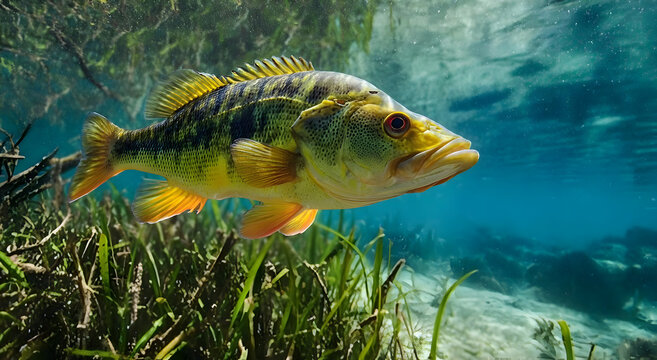 A vibrant fish swimming gracefully through clear underwater grass.
