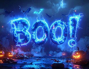 Spooky Halloween text with glowing pumpkins