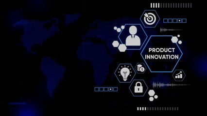 Digital Product Innovation Strategy with Global Business Icons and World Map Background technology