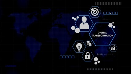 Fototapeta premium Digital Transformation Concept with Global Network and Business Icons on Dark Futuristic Background