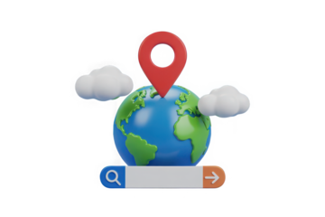Globe with location pin and search bar 3D render for travel concept