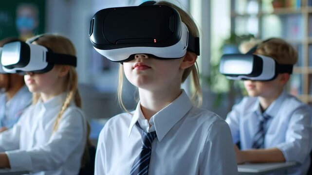 Virtual Classroom: Students in a modern classroom embrace immersive learning through virtual reality headsets, representing a paradigm shift in education. 