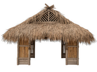 Tropical tiki hut entrance thatched roof structure isolated on white background