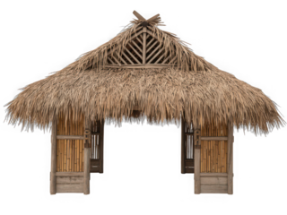 Tropical tiki hut entrance thatched roof structure isolated on white background