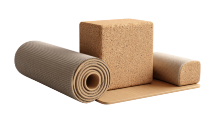 Three cork products including a roll and two blocks isolated on transparent background