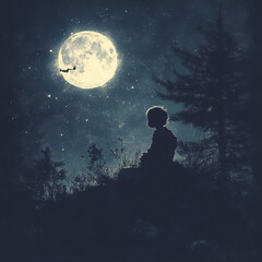 Person sitting on hill, gazing at moon.