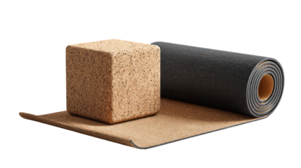 Rolled up yoga mat and cork block isolated on transparent background