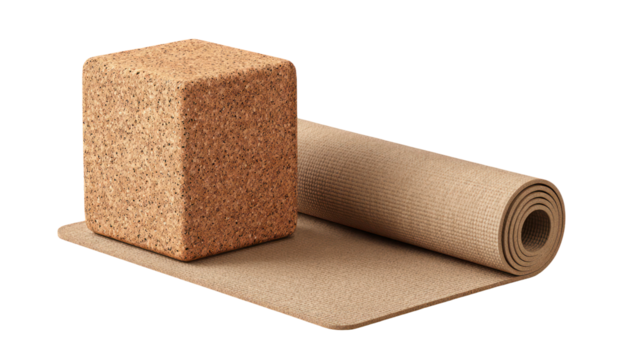 Cork block and roll of cork material isolated on transparent background