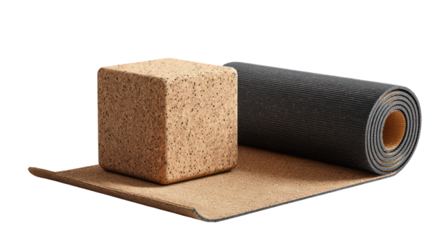 Rolled up yoga mat and cork block isolated on transparent background