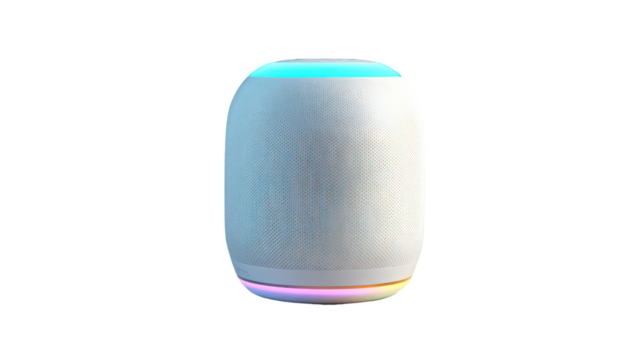 White cylindrical smart speaker with colorful led lights isolated on transparent background