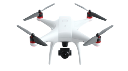 White quadcopter drone with camera isolated on transparent background