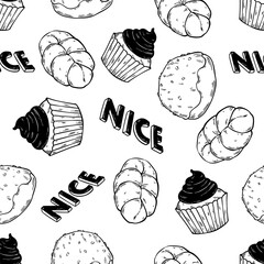 seamless pattern with doodle bread and sweet dessert on a clean white background. Perfect for bakery theme, pastry design, food decoration, confectionery art, and cute background concept.