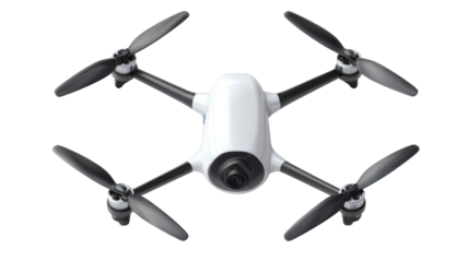 White quadcopter drone with camera isolated on transparent background