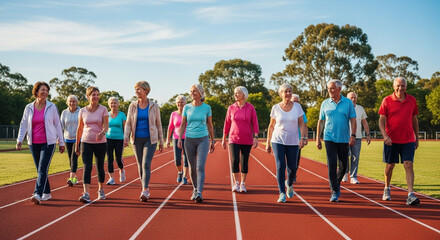 Active seniors stride together on a vibrant red running track under a clear blue sky, embracing healthy lifestyles and community spirit.