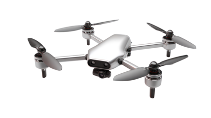 Silver drone with four propellers isolated on transparent background