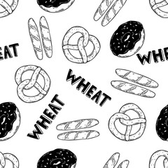 seamless pattern with doodle bread and sweet dessert on a clean white background. Perfect for bakery theme, pastry design, food decoration, confectionery art, and cute background concept.