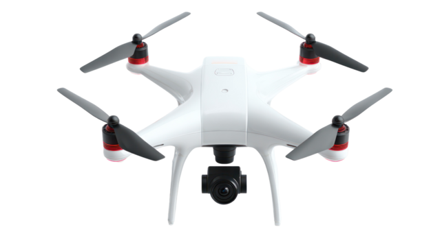 White quadcopter drone with camera isolated on transparent background