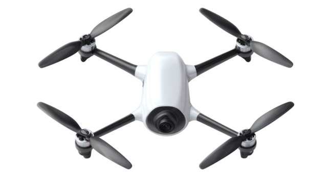 White quadcopter drone with camera isolated on transparent background