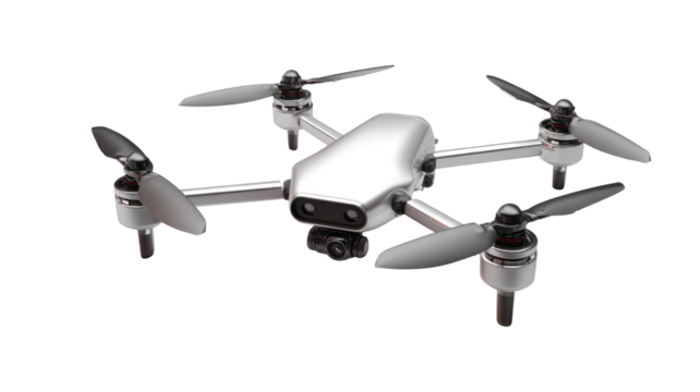 Silver drone with four propellers isolated on transparent background