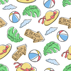 doodle seamless pattern featuring summer elements on a clean white background. Perfect for seasonal design, tropical artwork, holiday theme, beach decoration, fun pattern.